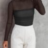 REORIA Women’s Trendy Sexy Mock Turtle Neck Long Sleeve Sheer Mesh Ruched Going Out Bodysuits Tops