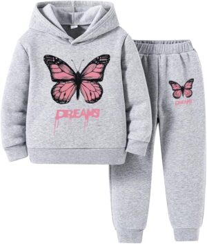 Toddler Girl Clothes Outfit -Butterfly Patterned Printed Hoodie & Sports Pants Set for Little Girls Size (3-7T)