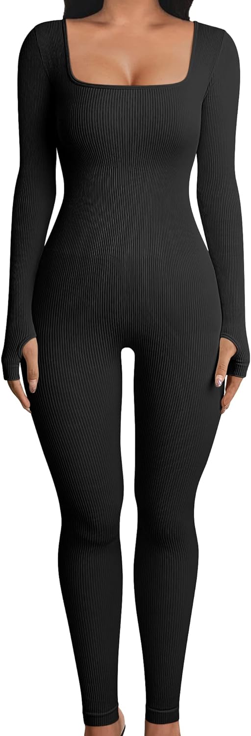 OQQ Women Long Sleeve Yoga Jumpsuits Workout Ribbed Bodysuits Pants Sexy One Piece