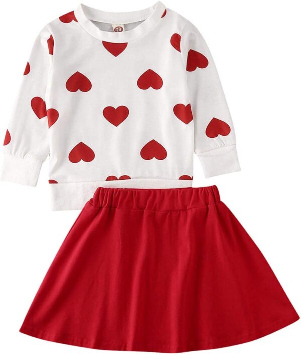 GOOCHEER Valentine's Day Toddler Girl Outfit Heart Long Sleeve Top Skirt 2pcs Kids Toddler Girl Valentine's Day Clothes Set