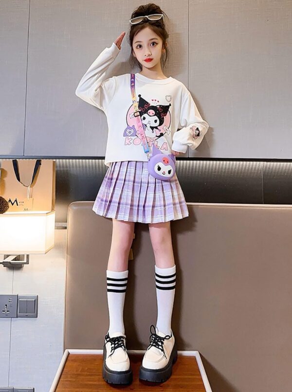 Ku-romi Girls 3 Piece Outfits Cartoon Crewneck Long Sleeve Pullover Sweatshirt + Plaid Pleated Mini Skirt + Bag Sets