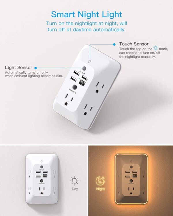 Outlet Extender with Night Light, Multi Plug Outlet, USB Wall Charger Surge Protector 4 USB Charging Port(1USB C), Power Strip Electrical Outlet Splitter Expander for Home Office Dorm Room ETL Listed