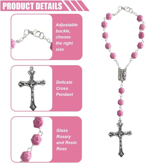 2PCS Car Rosary for Rearview Mirror, Pink Rosary Pendant Car Interior Rear View Mirror Charm Auto Decors, Car Medal and Cross Personalized Hanging Accessories for Women Men (Rose)