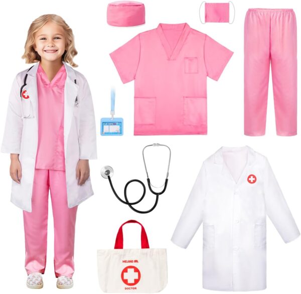 Meland Doctor Costume for Kids - Kids Scrubs with Lab Coat & Carry Bag, Doctor Dress Up for Halloween, Career Day Role Play