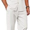 COOFANDY Men 2 Piece Linen Outfit Beach Button Down Shirt Casual Loose Pant Sets