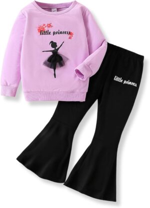 3-9 T Kids Toddler Girl Clothes Letter Print Sweatshirt Flared Pants 2Pc Outfits Set