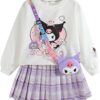 Ku-romi Girls 3 Piece Outfits Cartoon Crewneck Long Sleeve Pullover Sweatshirt + Plaid Pleated Mini Skirt + Bag Sets