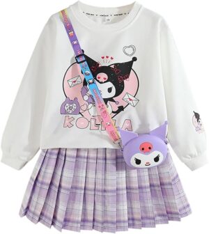 Ku-romi Girls 3 Piece Outfits Cartoon Crewneck Long Sleeve Pullover Sweatshirt + Plaid Pleated Mini Skirt + Bag Sets