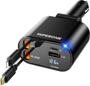 【Upgraded】 SUPERONE Retractable Car Charger 4 in 1, Fast Car Phone Charger with Cord 2.6ft, USB C and Apple Car Charger Adapter, Compatible with iPhone 16 15/15 Pro Max/14/13/12/11, Galaxy, Pixel