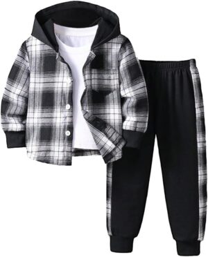 Toddler Boy Clothes Plaid Hooded Shirt - 2 Piece Outfit: Button Front Toddler Hoodie & Sweatpants Set (3~7 years)