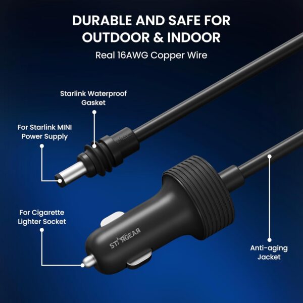 for Starlink Mini 12V Power Cable 3M/10FT, Heavy Duty 16AWG Cigarette Lighter to DC Cord, 12V-48V Car Charger Adapter for Starlink Mini Accessories