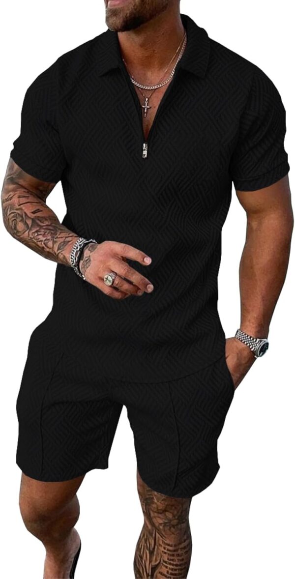 UOUA Mens Track Suits 2 Piece Sets Short Sleeve Sweatsuit Outfits 1/4 Zip Golf Polo Shirts Summer Shorts Loungewear