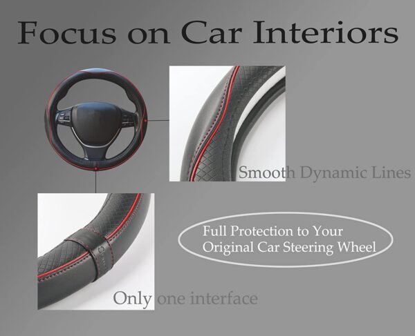 Car Steering Wheel Cover, Anti-Slip, Safety, Soft, Breathable, Heavy Duty, Thick, Full Surround, Sports Style (Black with Red line)