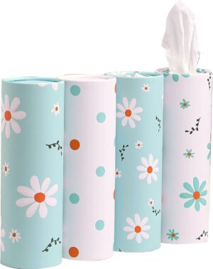 Car Tissue Holder with Facial Tissues Bulk - 4 PK Car Tissues Cylinder, Tissue Holder for Car, Travel Tissues for Car Cup Holder, Refill Car Tissue Box Round Container