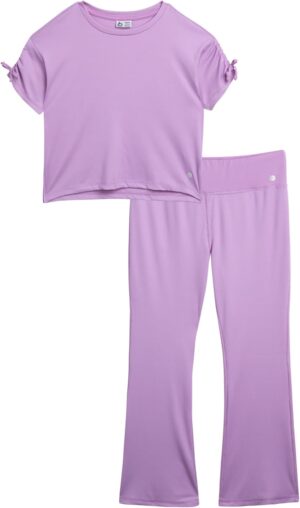 RBX Girls' Flare Leggings Set - 2 Piece Short Sleeve Crew Neck Ribbed T-Shirt and Yoga Wide Leg Pants for Girls (Sizes: 4-12)