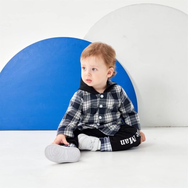 Toddler Baby Boys Clothes Plaid Panel Long-sleeve Hooded Shirt + Sweatpants Fall Winter Outfits Set