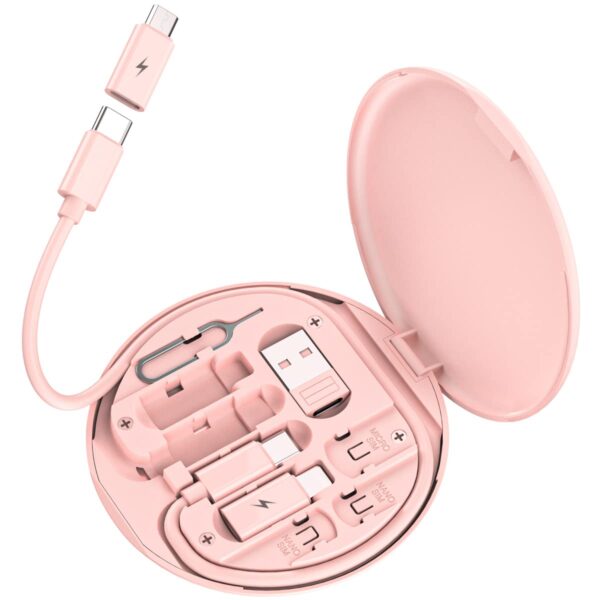 Multi USB Charging Adapter Cable Kit, USB C to iOS Device Adapter Box, Conversion Set USB A & Type C to Male Micro/Type C/iOS Device, Data Transfer, Card Storage, Tray Eject Pin, Phone Holder (Pink)