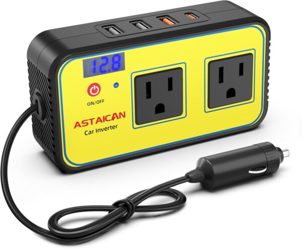 200W Car Power Inverter, DC 12V to 110V AC 6 in 1 Car Charger Adapter with 20W USB-C [PD] & 18W USB-A [QC], Dual USB/AC Outlet, Car Plug Adapter Outlet for Laptop, Road Trip Essential, Yellow