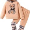 Toddler Kid Girl Clothes Bear Print Drop Shoulder Hoodie Put Together Plaid Pants 2PC Outfit Set