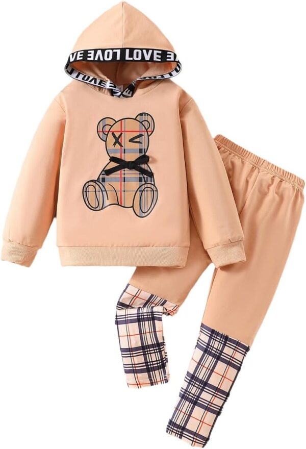 Toddler Kid Girl Clothes Bear Print Drop Shoulder Hoodie Put Together Plaid Pants 2PC Outfit Set