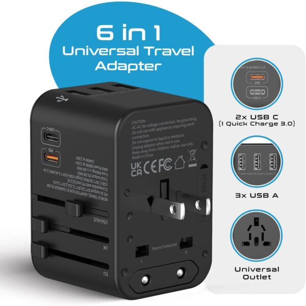 Ceptics World International Travel Plug Adapter - Powerful 33.5W with Pd & QC 3.0 Dual USB-C Power - 3 USB Ports Wall Charger Type I C G A Outlets 110V 220V A/C - EU Euro US UK (11-KU)