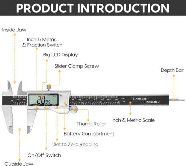 Digital Caliper Measuring Tool, 6 Inch Caliper Tool with Large LCD Screen, Easy Switch from Inch Millimeter Fraction, Stainless Steel Vernier Caliper Digital Micrometer for DIY/Household