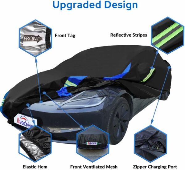 Car Cover for Tesla Model 3 2017-2024, Custom Fit Full Exterior Cover with Charging Port and Breathable Ventilation Mesh, Waterproof All Weather Outdoor Rain Snow Sun Protection Cover