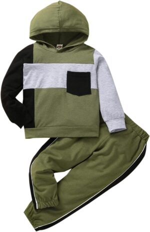 Toddler Baby Boy Clothes Long Sleeve Hooded Pullover Colorblock Sweatshirt + Pants 2Pcs Outfits Set…