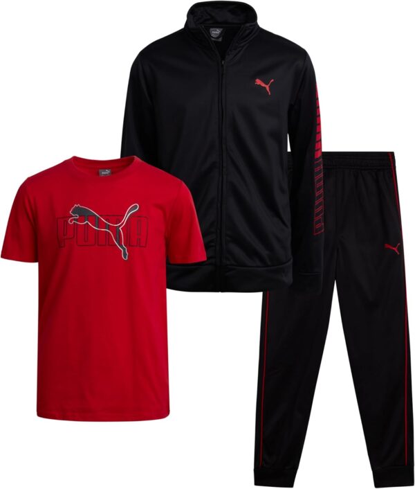 PUMA Boys' Pants Set - 3 Piece Athletic T-Shirt, Zip Up Jacket, Jogger Pants - Boys Activewear Tricot Jogset (4-16)