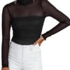 REORIA Women’s Trendy Sexy Mock Turtle Neck Long Sleeve Sheer Mesh Ruched Going Out Bodysuits Tops