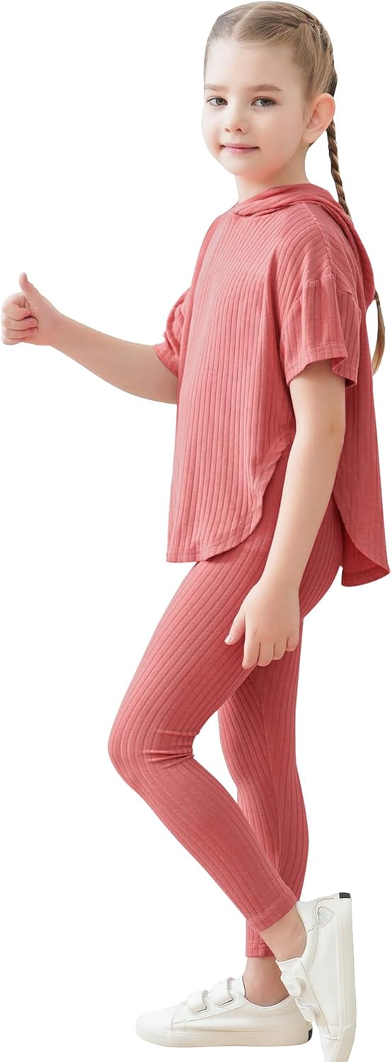 LecGee Kid Girl Summer Hoodie Sets Ribbed Knit Short Sleeve Sweatshirt Legging Pants 2 Piece Outfit Tracksuits Sweatsuit