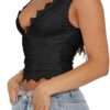 REORIA Womens Sexy V-Neck Sleeveless Double Lined Going Out Y2K Trendy Lace Cropped Tank Tops