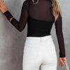 REORIA Women’s Trendy Sexy Mock Turtle Neck Long Sleeve Sheer Mesh Ruched Going Out Bodysuits Tops