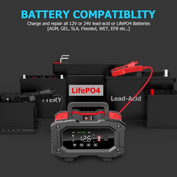 YONHAN Battery Charger 0-20A 12V/24V LiFePO4 Lead Acid Fully Automatic Battery Maintainer, Car Battery Trickle Charger Automotive w/Battery Repair, Winter Mode, for AGM, STD, Gel, Deep Cycle Batteries