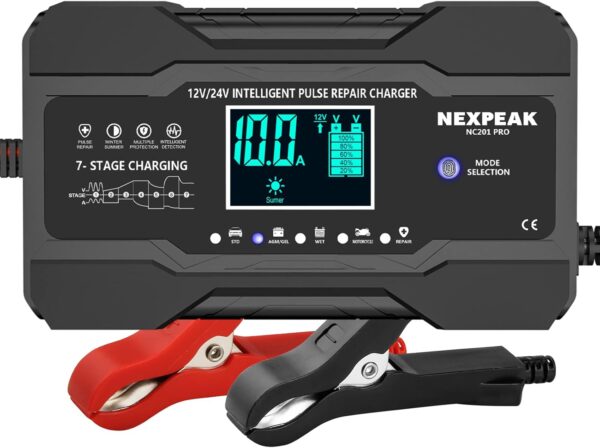 NEXPEAK 10-Amp Car Battery Charger, 12V and 24V Smart Fully Automatic Battery Trickle Charger Maintainer w/Temp Compensation for Truck Motorcycle Lawn Mower Boat Marine Lead Acid Batteries