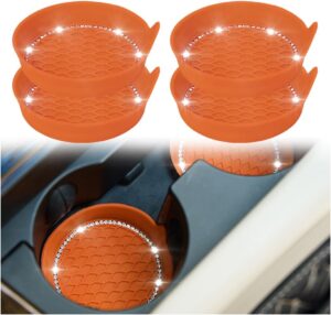 zipelo Bling Car Cup Coaster, 4 Pack Universal Vehicle Anti-Slip Cup Holder Insert Coasters, Crystal Rhinestone Silicone Shockproof Drink Mat, Car Interior Accessories Gift for Women Girls (Orange)