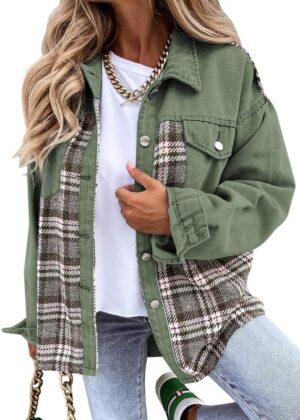 SHEWIN Women's Oversized Denim Jacket Casual Long Sleeve Button Down Plaid Shacket Boyfriend Jean Jacket With Pockets