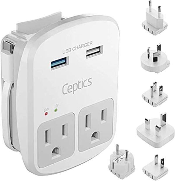 Ceptics Universal Travel Adapter Kit - 2 USB, USB-C Cord+2 US Outlets QC 3.0, Surge Protection, Plugs for Europe, UK, China, Australia, Japan - Perfect for Laptop, Cell Phones, Cameras,Safe ETL Tested