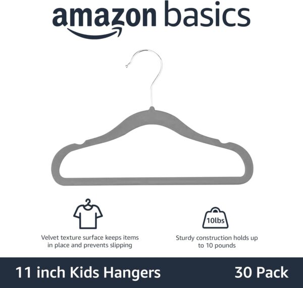 Amazon Basics Kids Velvet, Non-Slip Clothes Hangers (baby/toddler), 11.6 Inches (for baby clothes), Pack of 30, Gray