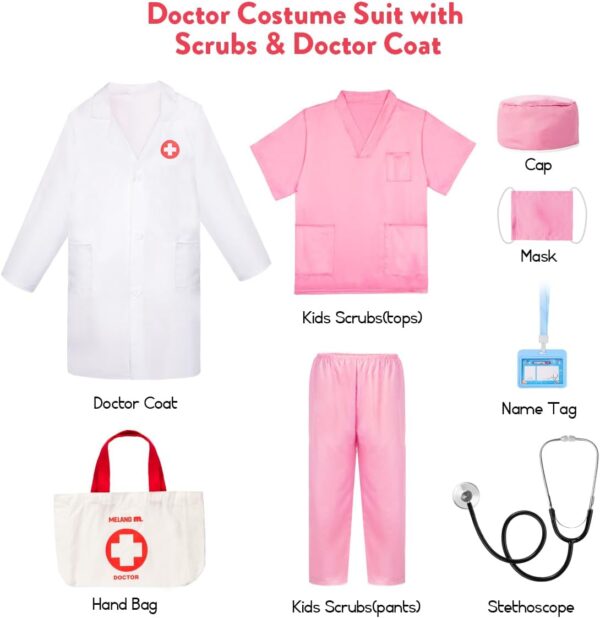 Meland Doctor Costume for Kids - Kids Scrubs with Lab Coat & Carry Bag, Doctor Dress Up for Halloween, Career Day Role Play