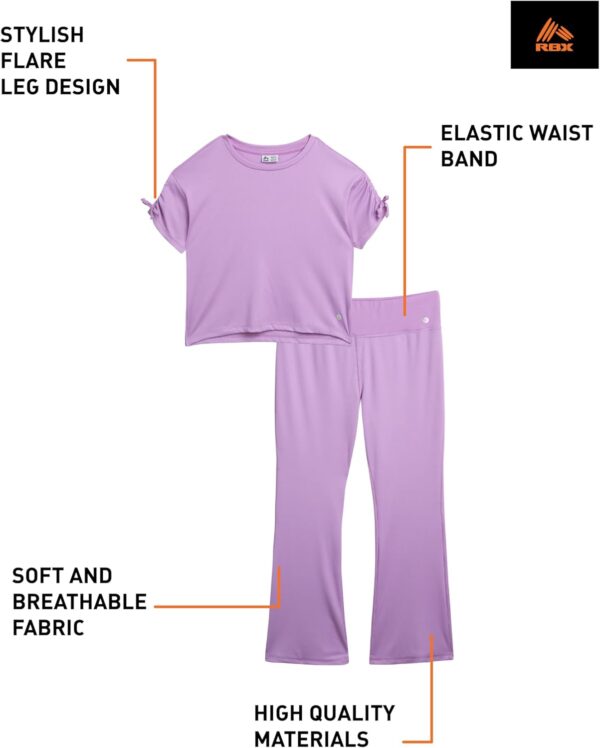 RBX Girls' Flare Leggings Set - 2 Piece Short Sleeve Crew Neck Ribbed T-Shirt and Yoga Wide Leg Pants for Girls (Sizes: 4-12)