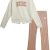 bebe Girls Activewear Set - Fleece Pullover Sweatshirt and Flare Leggings for Girls with Ribbed Velour Applique Logo (7-12)