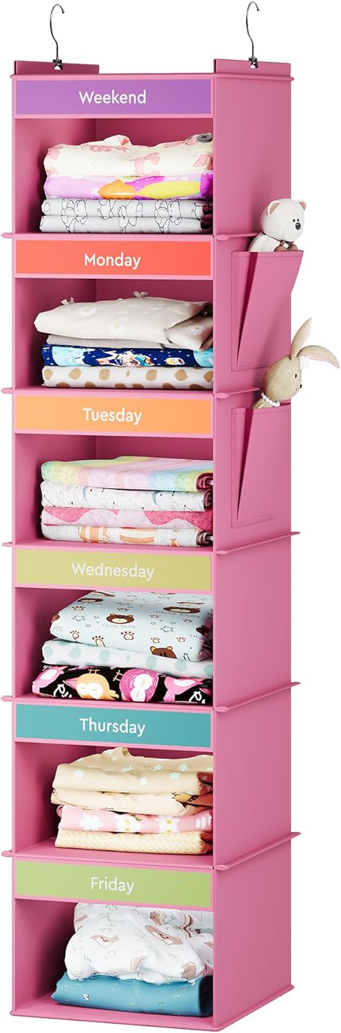 6-Shelf Weekly Hanging Closet Organizer, Weekly Clothes Organizers for Kids with 2 Side Pockets, Pink