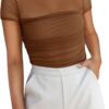 REORIA Women's Sexy Mock Turtle Neck Short Sleeve Shirts Sheer Mesh Ruched Trendy Going Out Bodysuits Tops