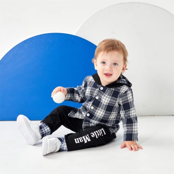 Toddler Baby Boys Clothes Plaid Panel Long-sleeve Hooded Shirt + Sweatpants Fall Winter Outfits Set