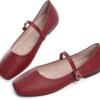 TN TANGNEST Leather Flats for Women Comfortable Square Toe Slip On Flats Soft Work Flats Retro Mary Jane Flats