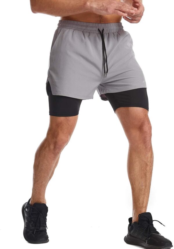 Surenow Mens 2 in 1 Running Shorts Quick Dry Athletic Shorts with Liner, Workout Shorts with Zip Pockets and Towel Loop