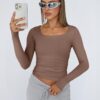 Trendy Queen Womens Long Sleeve Shirts Crop Tops Square Neck Going Out Basics Tees Y2K Winter Clothes 2025