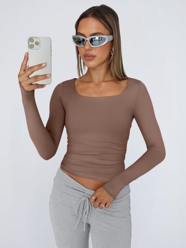 Trendy Queen Womens Long Sleeve Shirts Crop Tops Square Neck Going Out Basics Tees Y2K Winter Clothes 2025