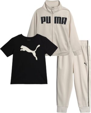 PUMA Toddler Boys Pants Set - 3 Piece Athletic T-Shirt, Zip Up Jacket, Jogger Pants - Boys Activewear Tricot Jogset (12M-4T)